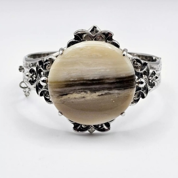 Whiting & Davis Vintage Signed Agate Silver Tone Southwestern Hinge Bracelet - Picture 2 of 11